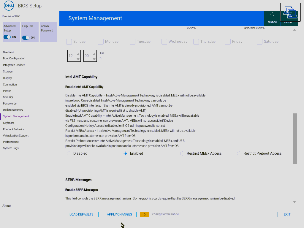 Screenshot of Dell BIOS: AMT settings